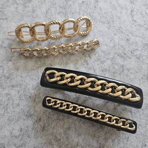 Set of Chain Barrettes Hair Clips in Gold & Black